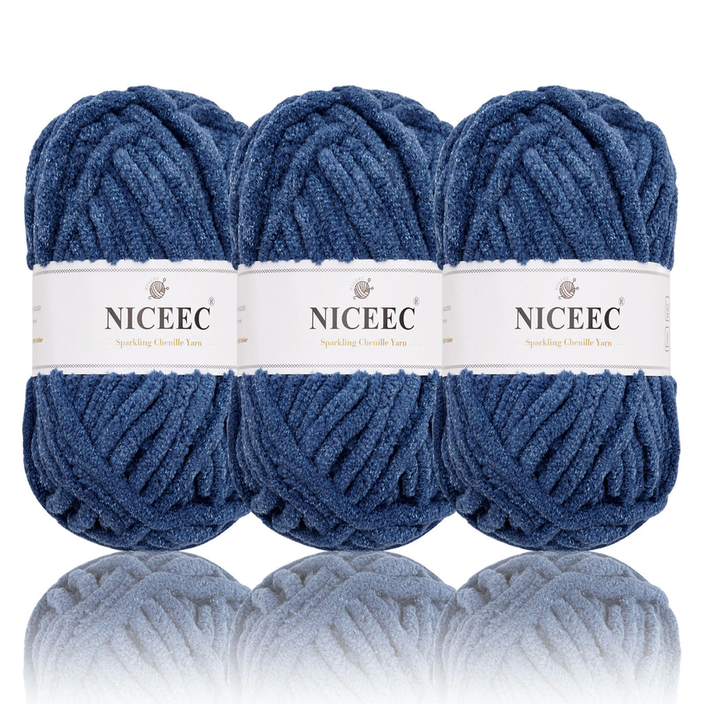 NICEEC 3 Skeins Sparkling Chenille Yarn Soft Yarn for Crochet Knitting Blanket Yarn DIY Craft Yarn for Blanket-Total Length 3×50m(3×55yds,100g×3)