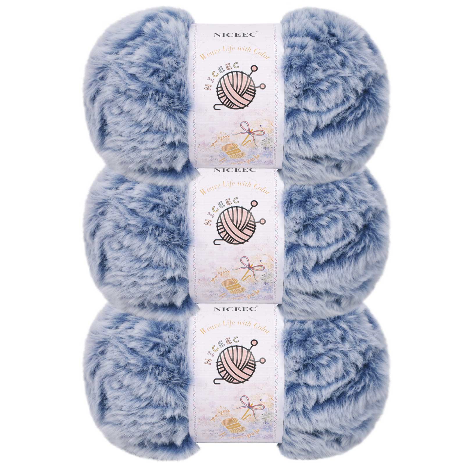 NICEEC 3 Skeins Chunky Fur Yarn - Super Soft Faux Fur, Fluffy & Fuzzy, Eyelash Yarn for Crochet & Knitting (84yds/15.9oz)