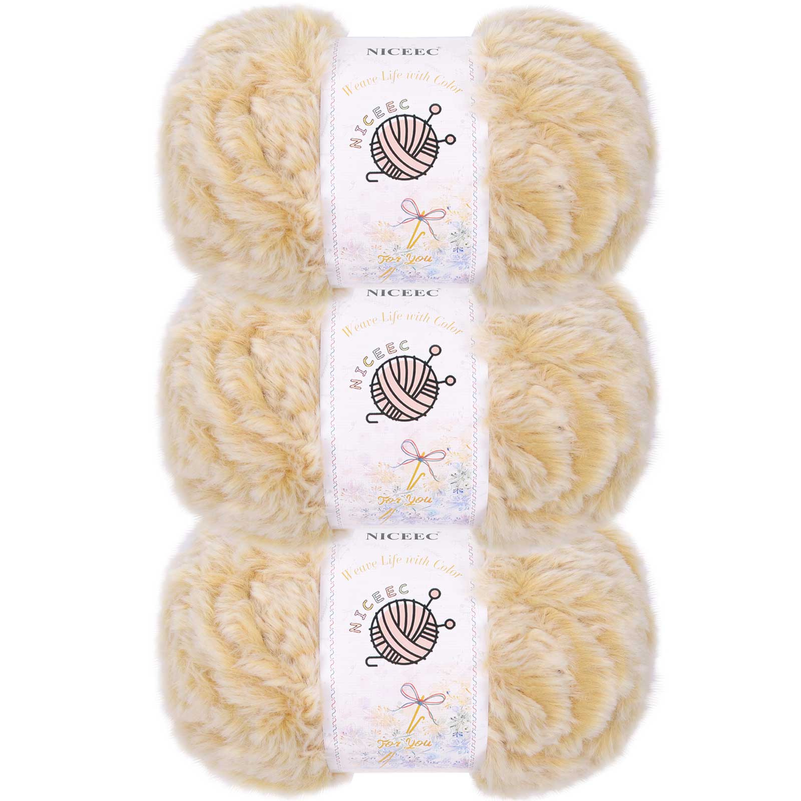 NICEEC 3 Skeins Chunky Fur Yarn - Super Soft Faux Fur, Fluffy & Fuzzy, Eyelash Yarn for Crochet & Knitting (84yds/15.9oz)