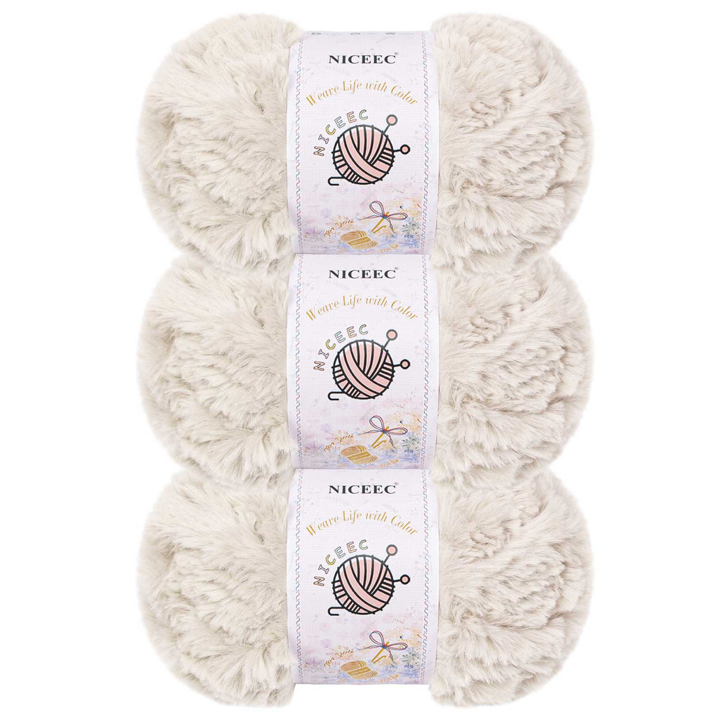 NICEEC 3 Skeins Chunky Fur Yarn - Super Soft Faux Fur, Fluffy & Fuzzy, Eyelash Yarn for Crochet & Knitting (84yds/15.9oz)