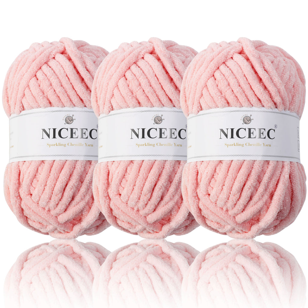 NICEEC 3 Skeins Sparkling Chenille Yarn Soft Yarn for Crochet Knitting Blanket Yarn DIY Craft Yarn for Blanket-Total Length 3×50m(3×55yds,100g×3)