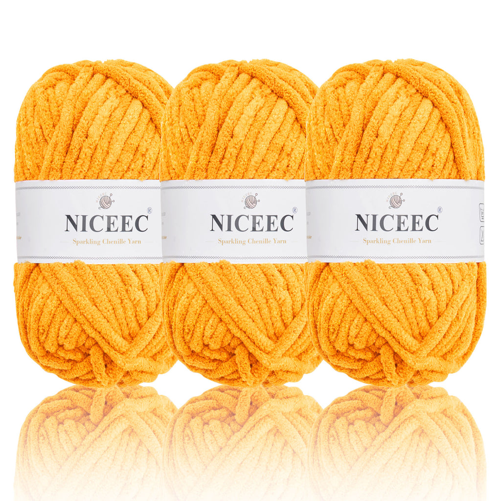 NICEEC 3 Skeins Sparkling Chenille Yarn Soft Yarn for Crochet Knitting Blanket Yarn DIY Craft Yarn for Blanket-Total Length 3×50m(3×55yds,100g×3)