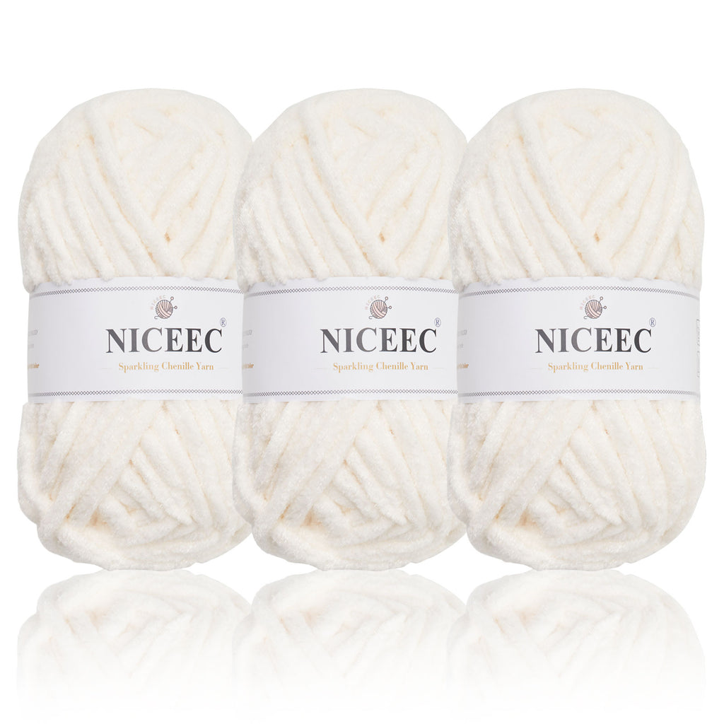 NICEEC 3 Skeins Sparkling Chenille Yarn Soft Yarn for Crochet Knitting Blanket Yarn DIY Craft Yarn for Blanket-Total Length 3×50m(3×55yds,100g×3)