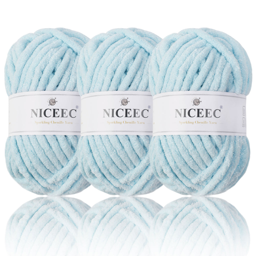 NICEEC 3 Skeins Sparkling Chenille Yarn Soft Yarn for Crochet Knitting Blanket Yarn DIY Craft Yarn for Blanket-Total Length 3×50m(3×55yds,100g×3)