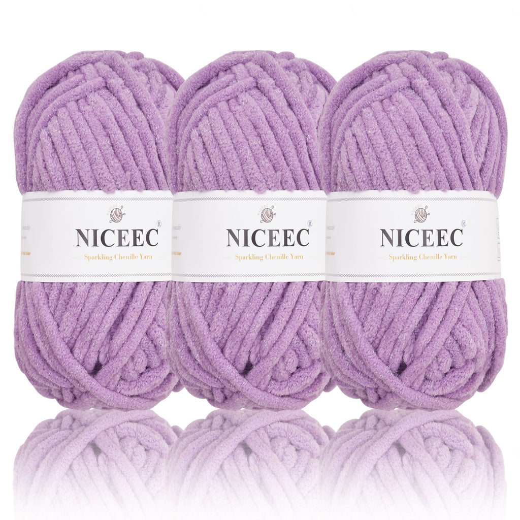 NICEEC 3 Skeins Sparkling Chenille Yarn Soft Yarn for Crochet Knitting Blanket Yarn DIY Craft Yarn for Blanket-Total Length 3×50m(3×55yds,100g×3)